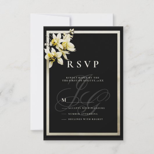 Invitation Initiales de monogramme d'ivoire noir orchidée RSV (Devant)