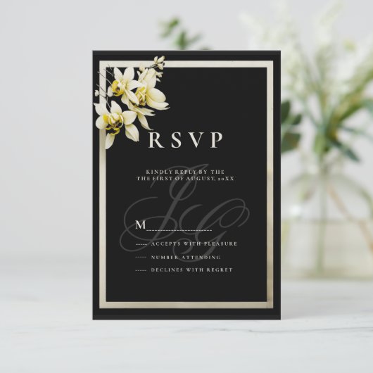 Invitation Initiales de monogramme d'ivoire noir orchidée RSV (Debout devant)