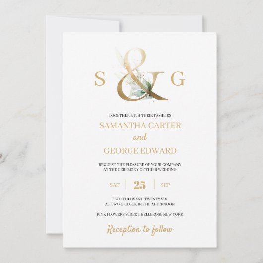 Invitation Initiales de monogramme d'or moderne et mariage de (Devant)