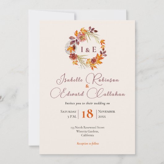Invitation Initiales élégantes Rustique Brown Automne Mariage (Devant)