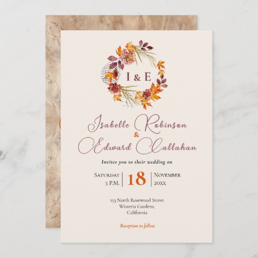 Invitation Initiales élégantes Rustique Brown Automne Mariage (Devant / Derrière)