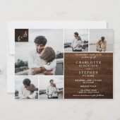 Invitation Initiales en bois brun rustique 6 photos mariage (Devant)