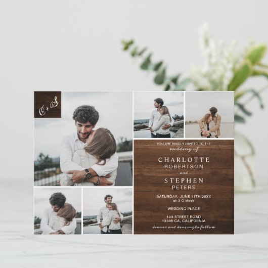Invitation Initiales en bois brun rustique 6 photos mariage (Debout devant)