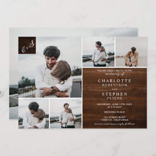 Invitation Initiales en bois brun rustique 6 photos mariage (Devant / Derrière)