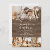 Invitation Initiales en bois rustique script 5 photos mariage (Devant)
