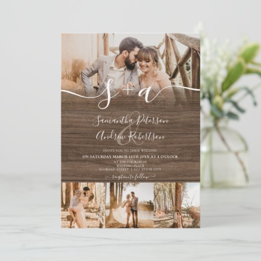 Invitation Initiales en bois rustique script 5 photos mariage (Debout devant)