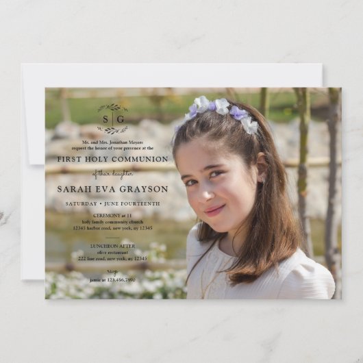 Invitation Initiales en fer - Première communion sainte foncé (Devant)