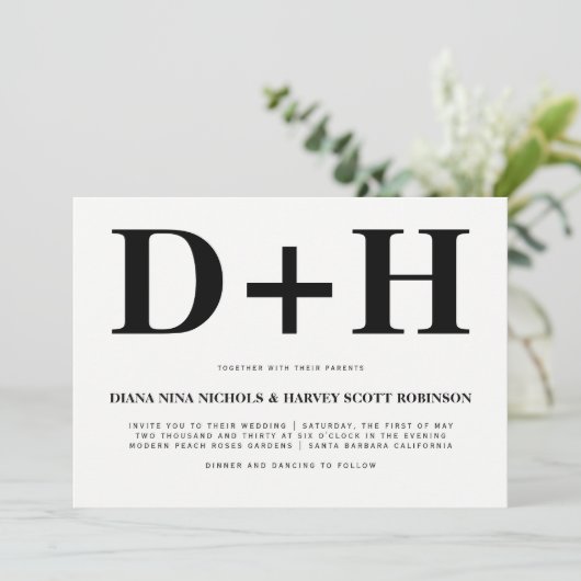 Invitation Initiales en noir et blanc mariage de typographie (Debout devant)