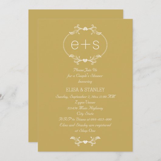 Invitation Initiales et cadre mariage or douche couple (Devant / Derrière)