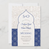 Invitation Initiales florales bleues marocaines 3 mariage pho (Devant)