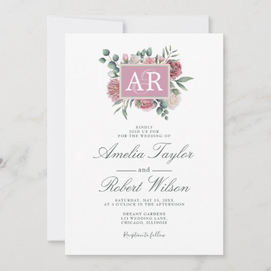 Invitation Initiales florales du Rose Dusty (Devant)
