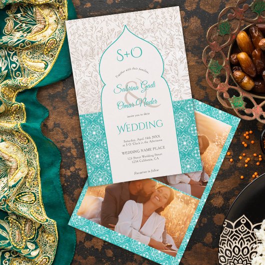Invitation Initiales florales marocaines turquoise 3 mariage