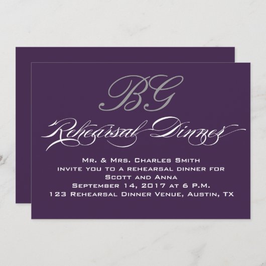 Invitation Initiales grises pourpres foncées du dîner | de (Devant / Derrière)