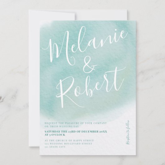 Invitation Initiales modernes turquoise en aquarelle mariage (Devant)