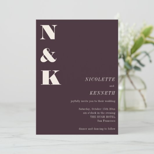 Invitation Initiales Monogramme Boho Mariage Photo Hiver Prun (Debout devant)