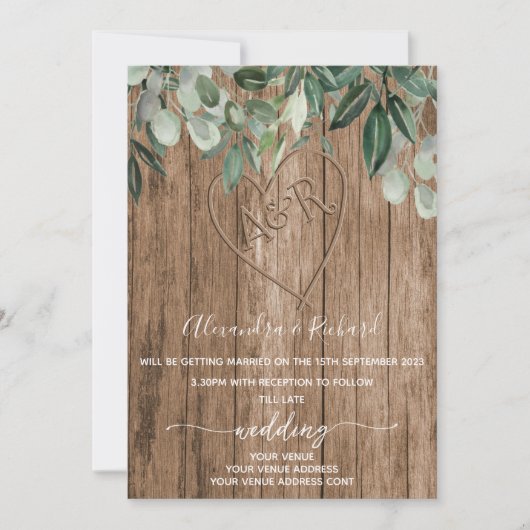 Invitation Initiales monogramme bois effet sculpté arbre (Devant)