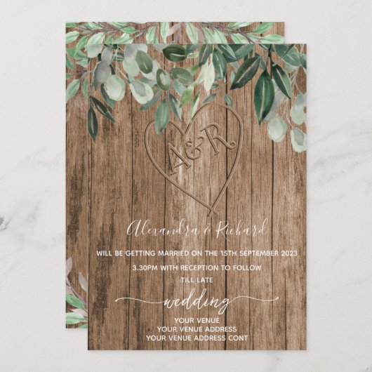 Invitation Initiales monogramme bois effet sculpté arbre (Devant / Derrière)