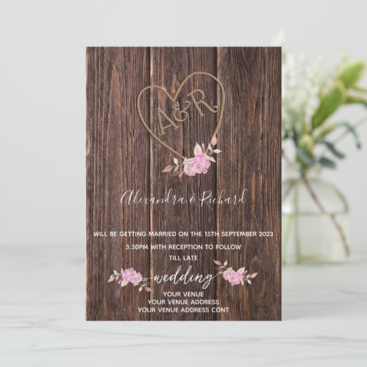 Invitation Initiales monogramme bois effet sculpté arbre invi (Debout devant)