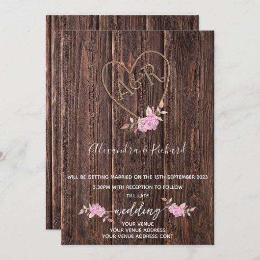 Invitation Initiales monogramme bois effet sculpté arbre invi (Devant / Derrière)