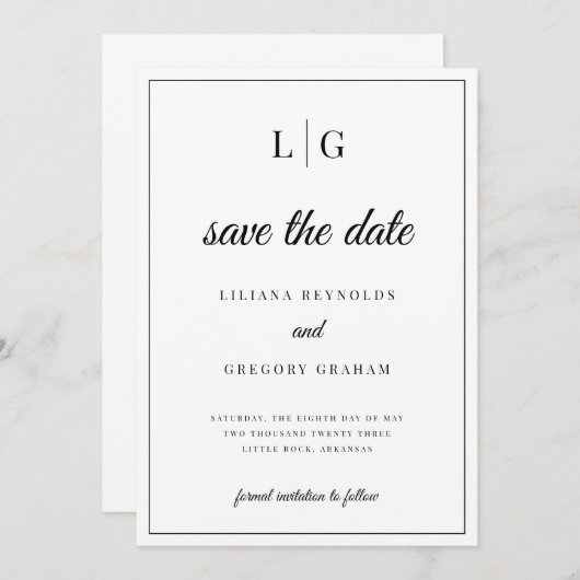 Invitation Initiales Monogramme mariage Enregistrer la date (Devant / Derrière)