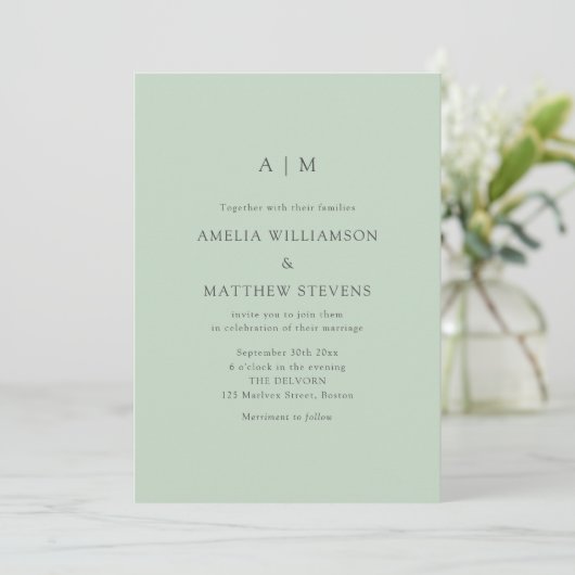 Invitation Initiales Monogramme Moderne Pistache Vert Menthe  (Debout devant)