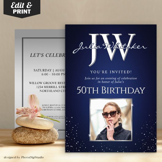 Invitation Initiales personnalisées Élégant 50e anniversaire