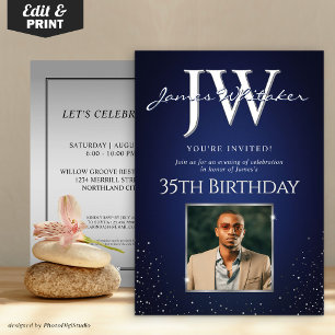 Invitation Initiales personnalisées Élégant Anniversaire Bleu