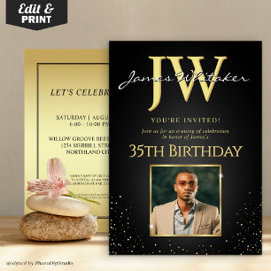 Invitation Initiales personnalisées Elégant Black Gold 35e an