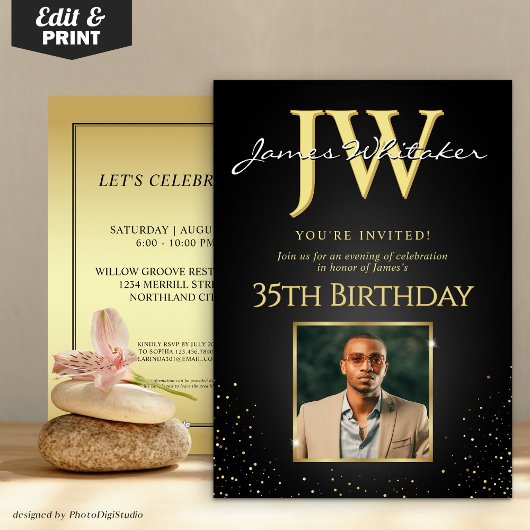 Invitation Initiales personnalisées Elégant Black Gold 35e an