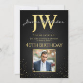 Invitation Initiales personnalisées Elégant Black Gold 40e an (Devant)