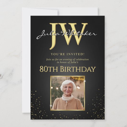 Invitation Initiales personnalisées Elégant Black Gold 80e an (Devant)