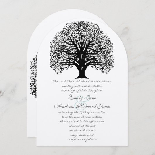Invitation Initiales romantiques dans le Mariage d'arbre de t (Devant / Derrière)