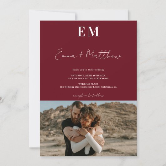 Invitation Initiales rouge bordeaux simple 2 photos qr mariag (Devant)