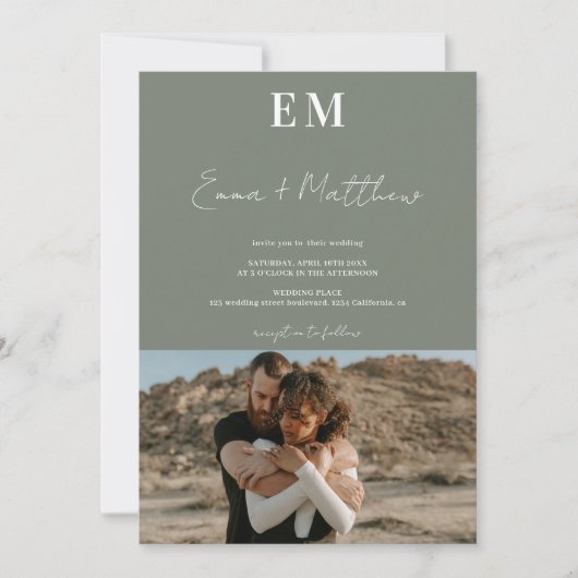 Invitation Initiales sauge vert simple 2 photos qr mariage (Devant)