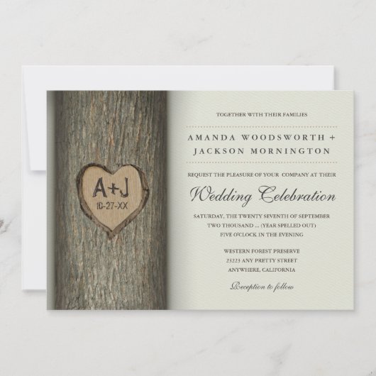 Invitation Initiales sculptées Coeur Chêne Arbre Mariage Invi (Devant)