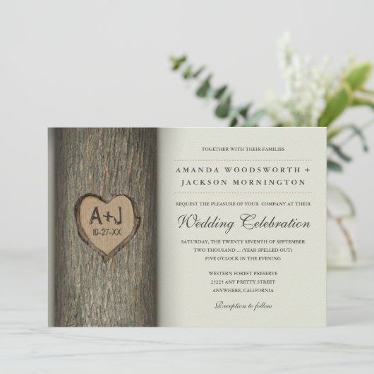 Invitation Initiales sculptées Coeur Chêne Arbre Mariage Invi (Debout devant)