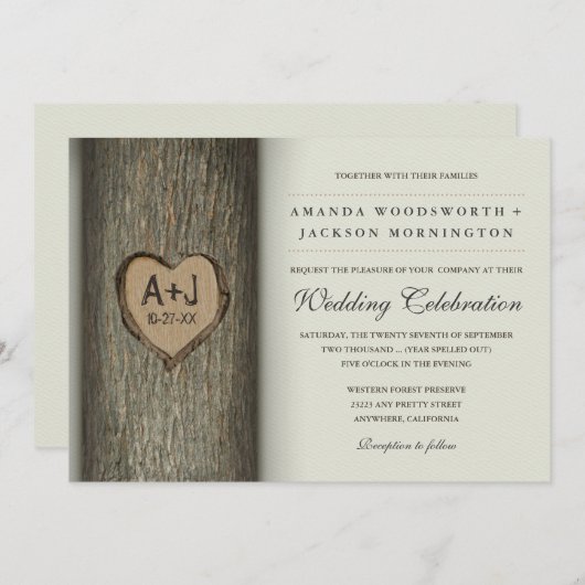 Invitation Initiales sculptées Coeur Chêne Arbre Mariage Invi (Devant / Derrière)