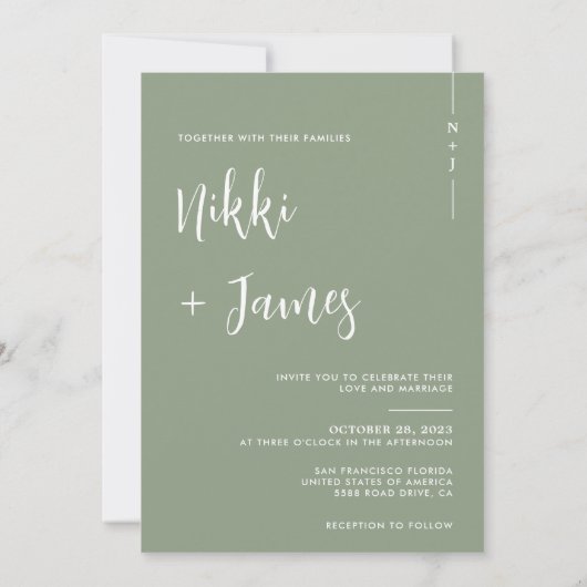 Invitation Initiales simples Sage de script Mariage photo ver (Dos)
