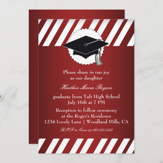 Invitation Inivitation d'un diplôme en rouge blanc rayé (Devant / Derrière)