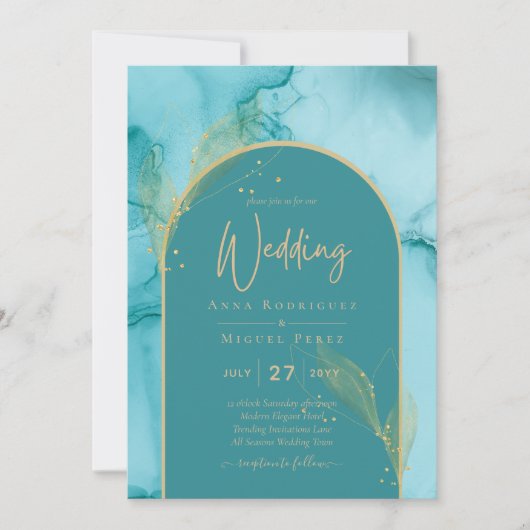Invitation INK Abstrait Turquoise Turquoise Gold Wedding INVI (Devant)