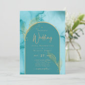 Invitation INK Abstrait Turquoise Turquoise Gold Wedding INVI (Debout devant)
