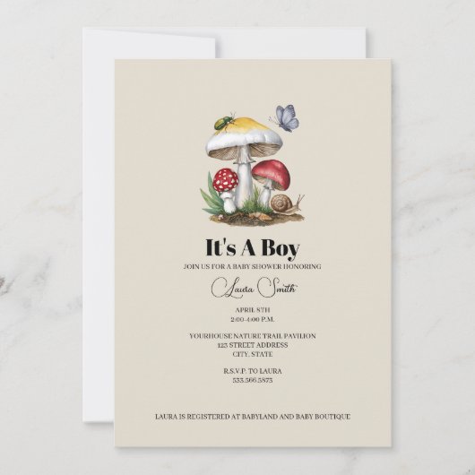 Invitation Insectes Champignons Bois Nature Baby shower I (Devant)