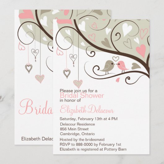 Invitation Inséparable de douche nuptiale rose et (Devant / Derrière)