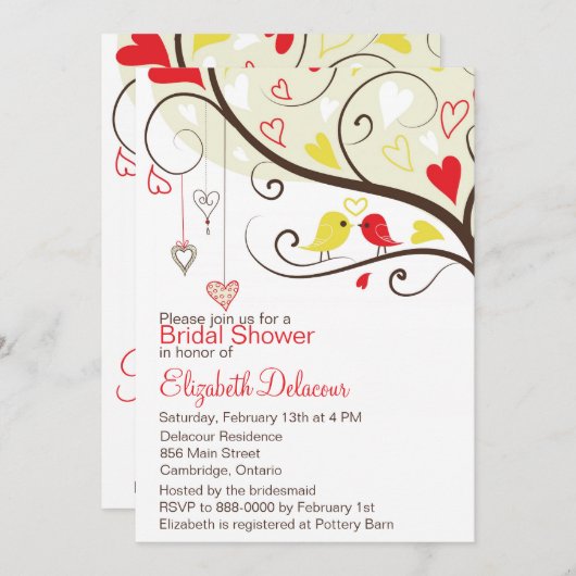 Invitation Inséparable nuptiale rouge et jaune (Devant / Derrière)