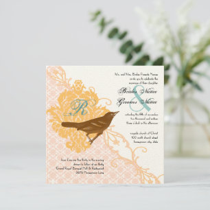 Invitation Inséparable Pink Apricot, Robin Egg Blue Damask