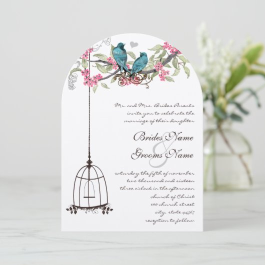 Invitation Inséparable turquoise Pink Apricot Peach Birdcage (Debout devant)