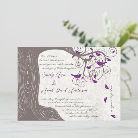 Invitation Inséparable violet rustique Mariage d'arbre romant (Debout devant)