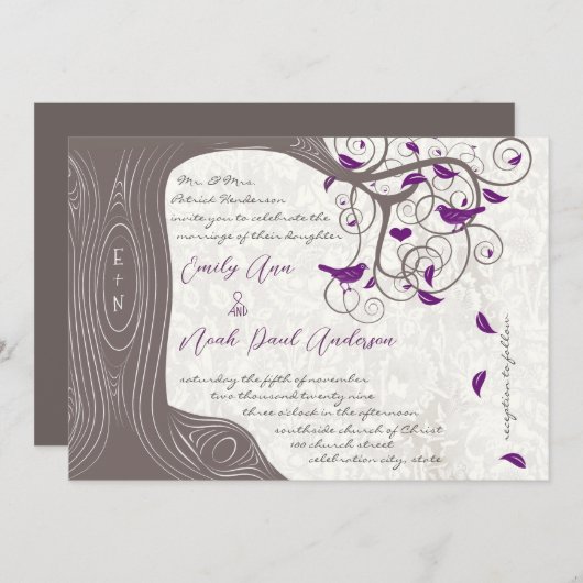 Invitation Inséparable violet rustique Mariage d'arbre romant (Devant / Derrière)