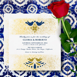 Invitation Inséparables Bleus Et Dorés Carré Mariage Mexicain