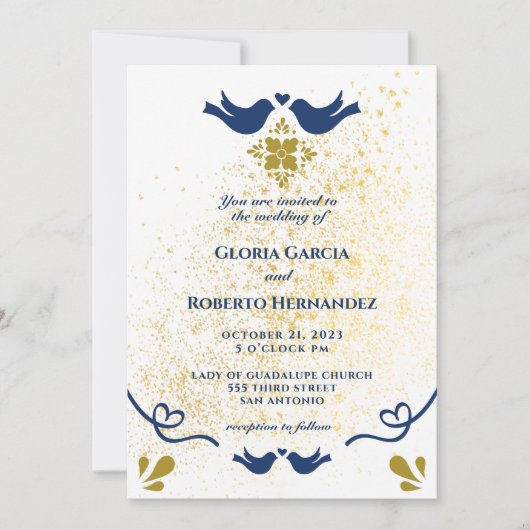 Invitation Inséparables Bleus Et Dorés Mariage Mexicain (Devant)